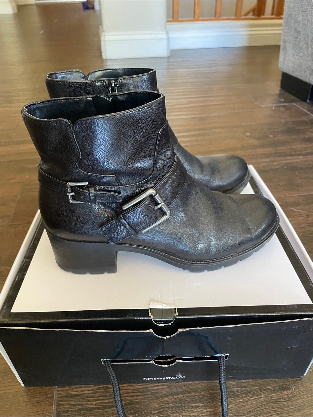 NINE WEST Leather Buckle Booties!